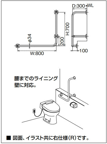 ●手すり[壁固定][L型][多用途用][長さ:700×800mm][φ34][前出:300～100mm][樹脂被覆タイプ][右仕様][ホワイト]