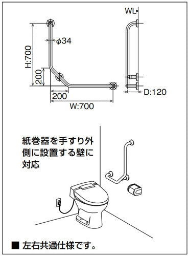 手すり[壁固定][L型][多用途用][長さ:500×282×500mm][φ34][前出:120mm][樹脂被覆タイプ][R/L兼用][ホワイト]