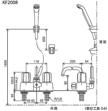 浴室用蛇口 KF2008シリーズ[台][浴槽・洗い場兼用][シャワーバス付2ハンドル混合水栓][可変ピッチ式][首長220mm][固定こま][寒冷地]