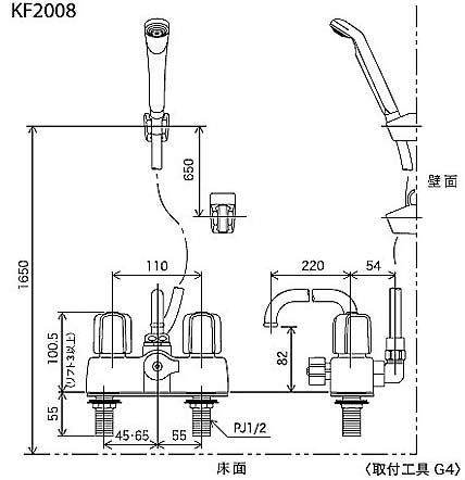 浴室用蛇口 KF2008シリーズ[台][浴槽・洗い場兼用][シャワーバス付2ハンドル混合水栓][可変ピッチ式][首長220mm][固定こま][一般地]
