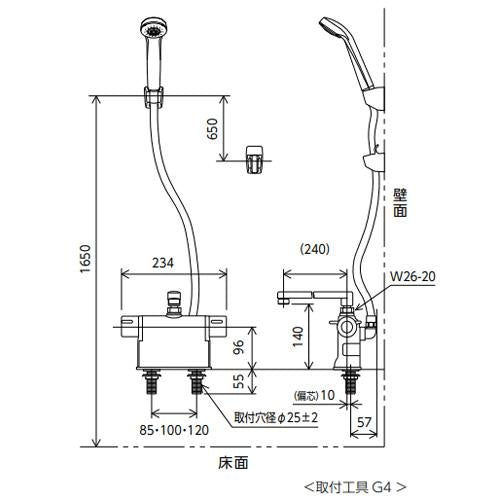 浴室用蛇口[台][デッキタイプ][サーモスタット付シャワー][撥水][スパウト240mm][可変ピッチ式][一般地]