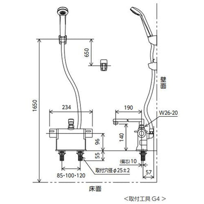 浴室用蛇口[台][デッキタイプ][サーモスタット付シャワー][撥水][スパウト190mm][可変ピッチ式][一般地]