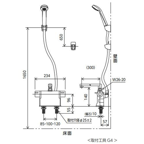 浴室用蛇口[台][デッキタイプ][サーモスタット付シャワー][撥水][スパウト300mm][可変ピッチ式][寒冷地]