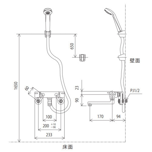 浴室用蛇口[壁][サーモスタット付シャワー][撥水][170mmパイプ付][寒冷地]