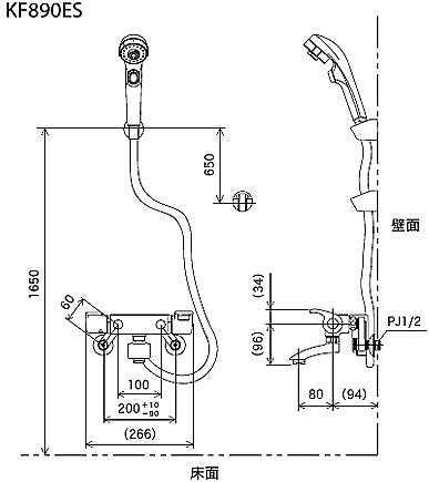 浴室用蛇口[壁][洗い場専用][KF890シリーズ][サーモスタット付シャワーバス混合水栓][めっき仕様][一般地]
