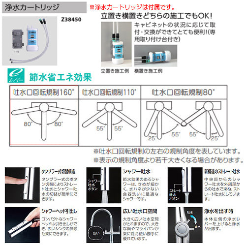 キッチン用蛇口 浄水器水栓シリーズ[台][シングルレバー混合水栓][浄水カートリッジ付属][ホース引出式][グースネック][eレバー][吐水口回転規制160度][スパウト245mm][マットブラック][一般地]