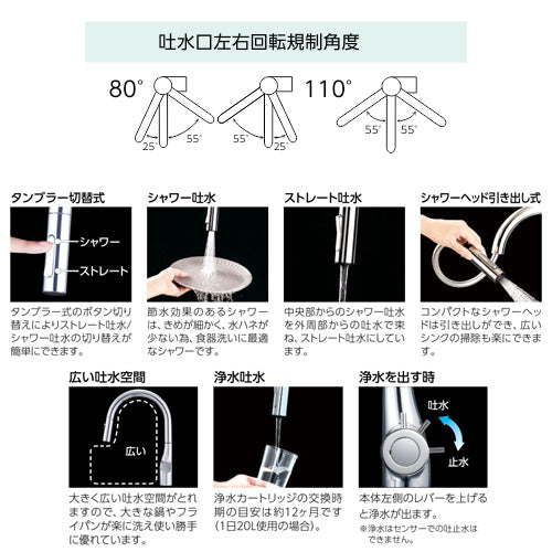 キッチン用蛇口[台][シングルレバー混合水栓][浄水カートリッジ付属][ホース引出式][グースネック][eレバー][吐水口回転規制80/110度][スパウト245mm][マットブラック][一般地]