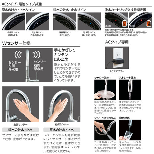 キッチン用蛇口[台][シングルレバー混合水栓][浄水カートリッジ付属][ホース引出式][グースネック][AC100Vタイプ][Wセンサー付][スパウト245mm][撥水][一般地]