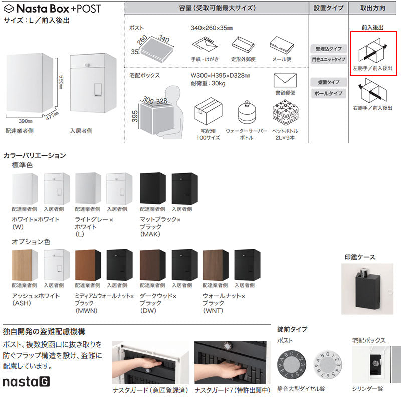 宅配ボックスセット ボックス+ポスト[据置用幅木][前入][後出][FR][シリンダー錠][左開き][サイズL]