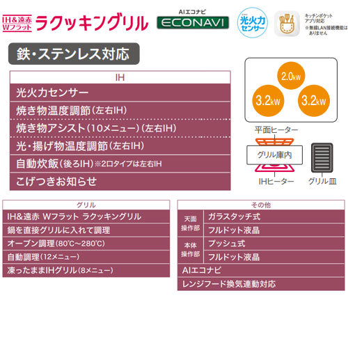 IHクッキングヒーター Aシリーズ[60cm][3口IH][マルチグリル][光るリング][30A][単相200V]