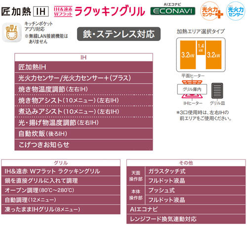 IHクッキングヒーター Sシリーズ[60cm][3口IH][マルチグリル][光るリング][30A][単相200V]
