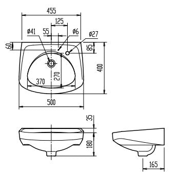 洗面器単品[壁掛式][角形][そで付小形][水栓取付穴径:φ27][右側1ヶ所][ゴム栓取付用穴あり]