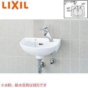 手洗器単品[壁掛式][角形][平付大形][水栓取付穴径:φ27][右側1ヶ所][ゴム栓取付用穴あり]