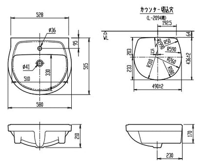 洗面器単品[アンダーカウンター式][楕円形][水栓取付穴径:φ36][中央1ヶ所]