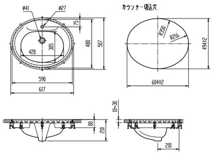 洗面器単品[フレーム式][楕円形][水栓取付穴径:φ27][中央1ヶ所]