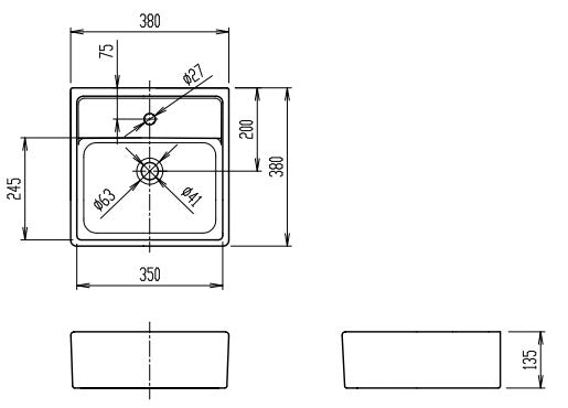 洗面器単品[ベッセル式][壁掛式][角形][380×380][水栓取付穴径:φ27][中央1ヶ所]