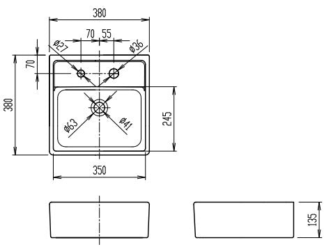 洗面器単品[ベッセル式][壁掛式][角形][380×380][水栓取付穴径:φ36、φ27][2ヶ所]