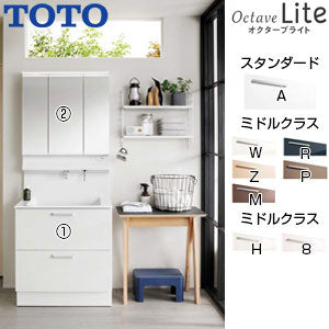 洗面化粧台セット オクターブLite[間口750mm][高さ1900mm][2段引き出し][シャワー水栓][3面鏡][ワイドLED][エコミラー][一般地]