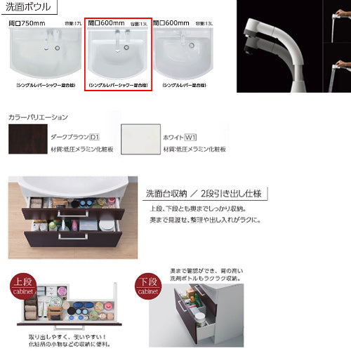 洗面化粧台セット アルバ[間口600mm][高さ1795mm][シングルレバーシャワー水栓][2段引き出し][1面鏡][LED][一般地]