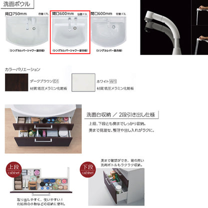 洗面化粧台セット アルバ[間口600mm][高さ1795mm][シングルレバーシャワー水栓][2段引き出し][1面鏡][LED][一般地]