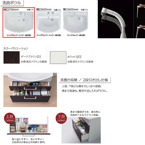洗面化粧台セット アルバ[間口750mm][高さ1795mm][シングルレバーシャワー水栓][2段引き出し][1面鏡][LED][一般地]