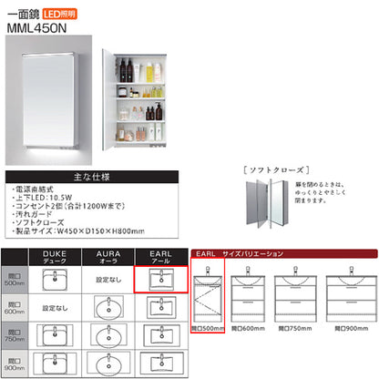 ●洗面化粧台セット アール[間口500mm][片開き][シングルレバー混合水栓][1面鏡][LED][電源直結式][一般地]