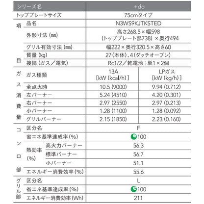 ビルトインガスコンロ プラスドゥ[75cm][乾電池][ステンレストップ][前面パネル:ステンレス][ごとく:ブラック][ダッチオーブン付属][プロパンガス]