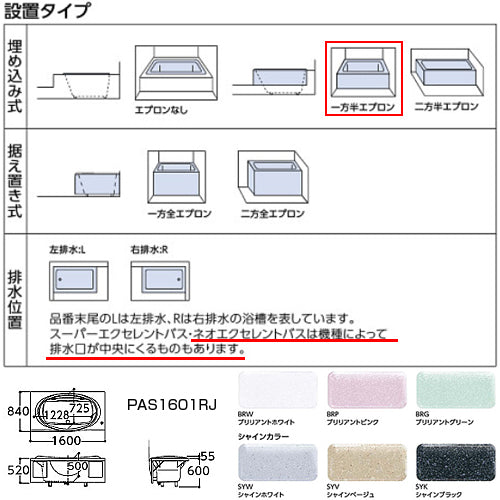 ●浴槽 ネオエクセレントバス[埋込浴槽][1600サイズ][一方半エプロン][ワンプッシュ排水栓式][ブローバスSX2]