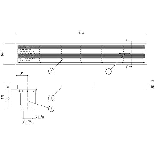 浴室排水ユニット[ステンレス][非防水層タイプ][縦引きトラップ][長さ900タイプ][浴槽部材]