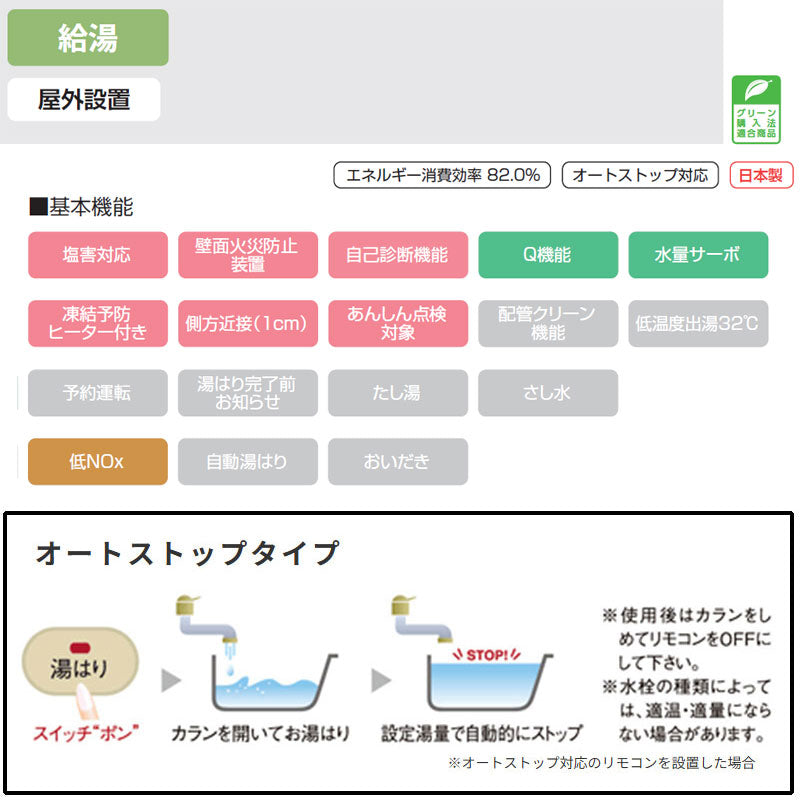 ガス給湯器[台所リモコンセット][PS扉内設置型][前方排気][延長不可][給湯専用][スリム][オートストップ][16号][15A][都市ガス]