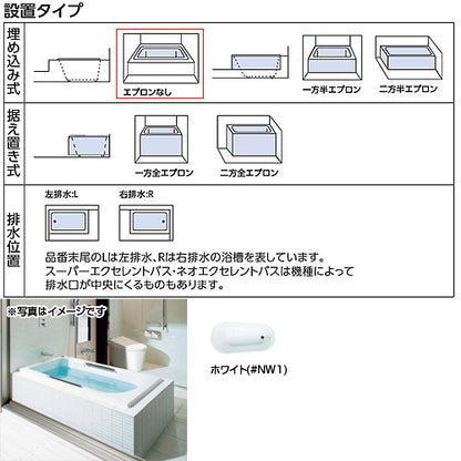 浴槽 ラフィア[埋込浴槽][1400サイズ][エプロンなし][ワンプッシュ排水栓式][エプロンなし][ホワイト]