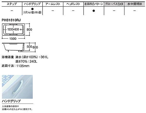 浴槽 ラフィア[埋込浴槽][1500サイズ][エプロンなし][ワンプッシュ排水栓式][エプロンなし][ホワイト]