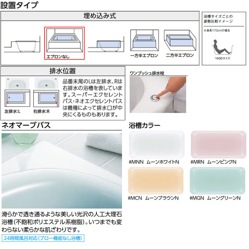 ●浴槽 ネオマーブバス[埋込浴槽][1400サイズ][エプロンなし][ワンプッシュ排水栓式][ブローバスSX2]