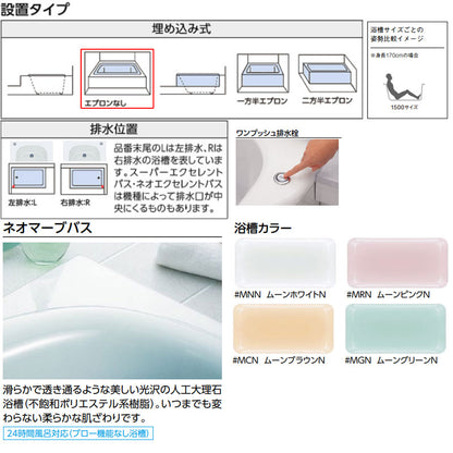 ●浴槽 ネオマーブバス[埋込浴槽][1500サイズ][エプロンなし][ワンプッシュ排水栓式][ブローバスSX2]