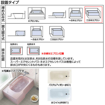 ●浴槽 ポリバス[埋込浴槽][いたわり浴槽][1400サイズ][二方半エプロン][ゴム栓式]