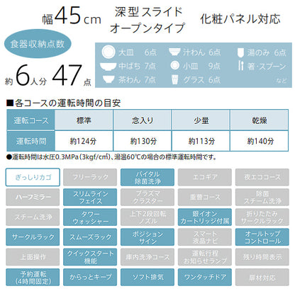 ビルトイン食洗機[取替用][スライドオープン][ドアパネル型][深型][幅45cm][奥行65cm][約6人用][化粧パネル対応][ブラック]