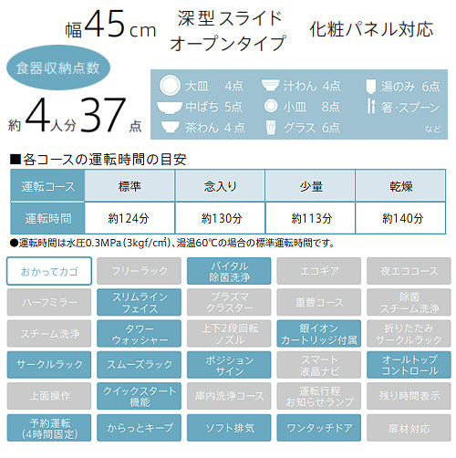 ビルトイン食洗機[取替用][スライドオープン][ドアパネル型][深型][幅45cm][奥行65cm][約4人用][化粧パネル対応][ブラック]
