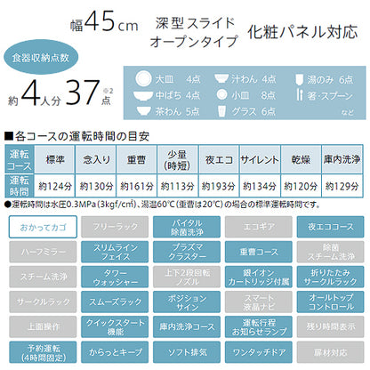 ビルトイン食洗機[取替用][スライドオープン][ドアパネル型][深型][幅45cm][奥行65cm][約4人用][化粧パネル対応][ステンレス調]