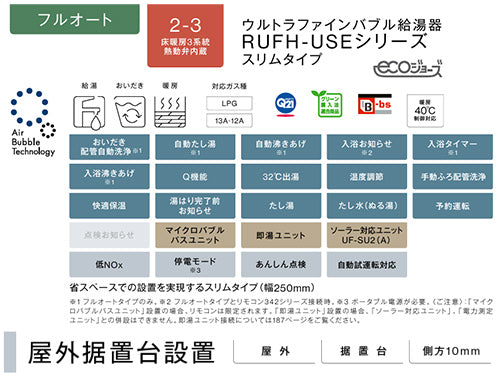 熱源機[エコジョーズ][浴室・台所リモコンセット][床暖房3系統・熱動弁内蔵][2-3][ウルトラファインバブル[屋外据置型][フルオート][スリム][24号][シャイニーシルバー][プロパンガス]
