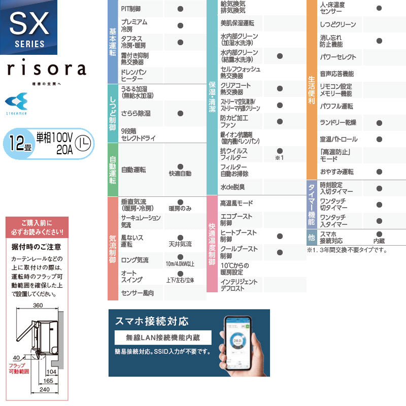 ルームエアコン[SXシリーズ][リソラ][100V][12畳][3.6kW][2026年モデル][本体ホワイト][ナチュラルウッド]