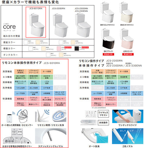組み合わせトイレセット キュアーズコア[床:排水芯305～435mm][手洗い有り][洗浄便座付(JCS-601DRA)][リモコン洗浄][タンク式便器][一般地]