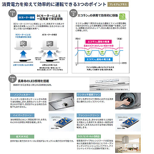 ●レンジフード プレミアムプラスシリーズ[シロッコファン][幅90cm][スリム型][常時換気][コンロ連動][ブラック]