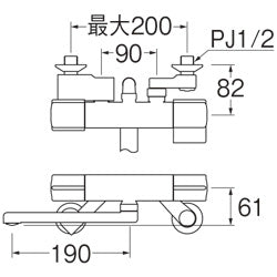 浴室用蛇口[壁][浴槽・洗い場兼用][サーモスタット付シャワーバス混合水栓][スパウト190mm][一般地]
