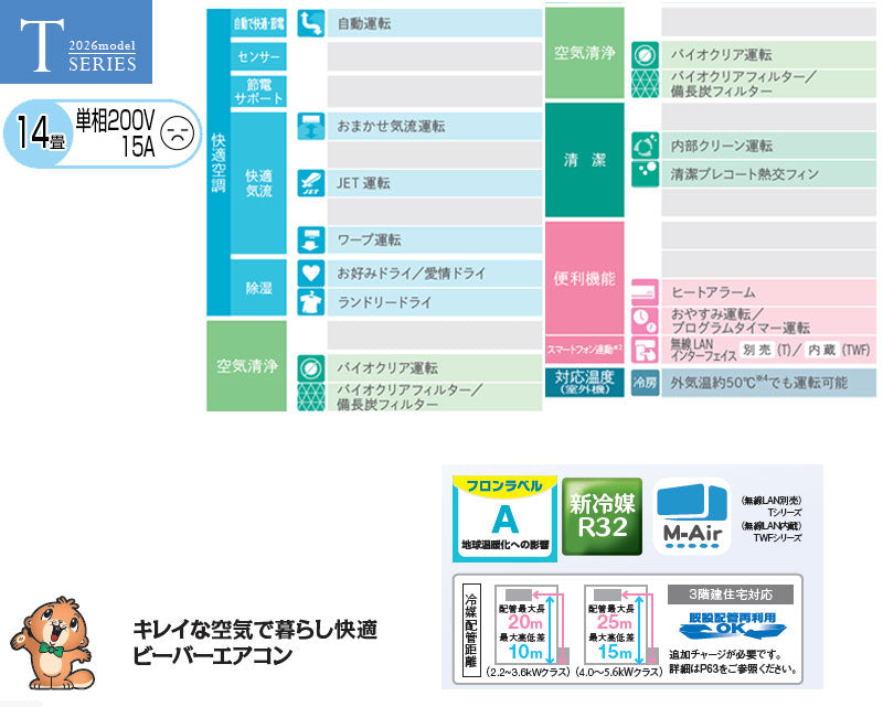 ルームエアコン[Tシリーズ][200V][14畳][4.0kW][ビーバーエアコン][ファインスノー][2026年モデル]
