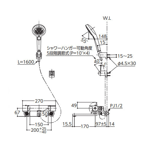 浴室用蛇口 GGシリーズ[壁][浴槽・洗い場兼用][サーモスタット付シャワーバス混合水栓][コンフォートウエーブ3モードミスト(めっき)][スパウト170mm][寒冷地]