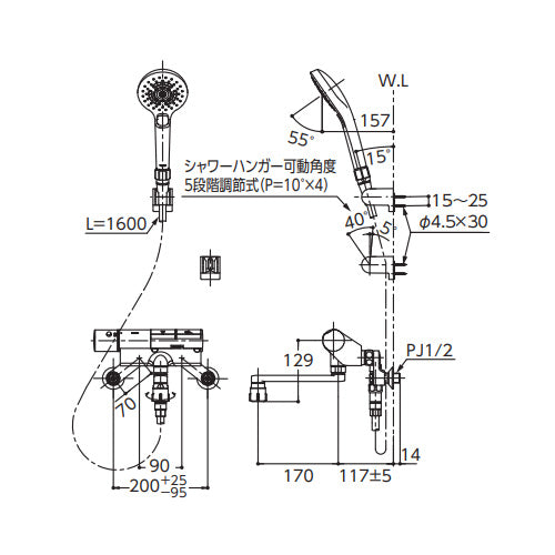 浴室用蛇口[壁][洗い場専用][サーモスタット付シャワーバス混合水栓][タッチスイッチ水栓][コンフォートウエーブ3モードミスト(めっき)][スパウト170mm][一般地]