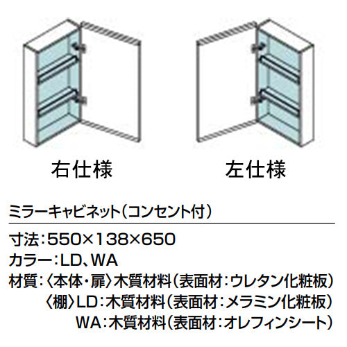 ミラーキャビネット[間口550mm][1面鏡][コンセント付][直結式][フリーコレクション]