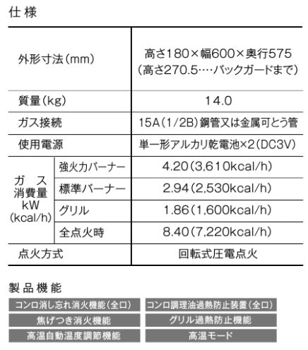 ●キャビネット型グリル付コンロ[取替え用タイプ][60cm][水有り片面焼グリル][強火力右][都市ガス]