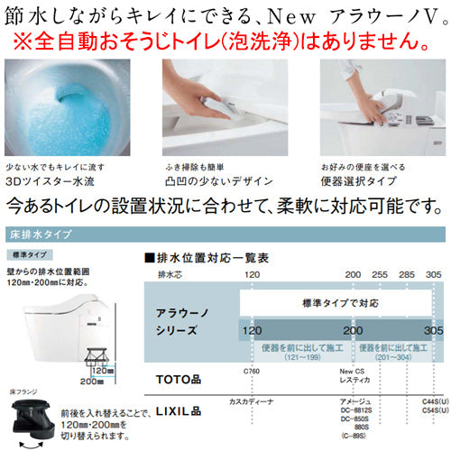 タンクレストイレ NewアラウーノV[床:排水芯120/200mm][手洗い有り][タンクレス便器][便座別売][寒冷地]