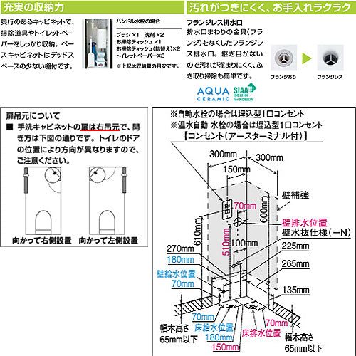 コーナー手洗キャビネット[ハンドル水栓][アクアセラミック][床排水][一般地・寒冷地共用]